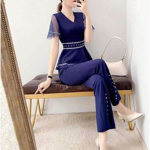 Pants Suit Women 2021 Ladies Summer Two-piece Suit Lady Fashion 2-Piece Set Business Wear Goddess Fan Pants Two-Piece Suit C
