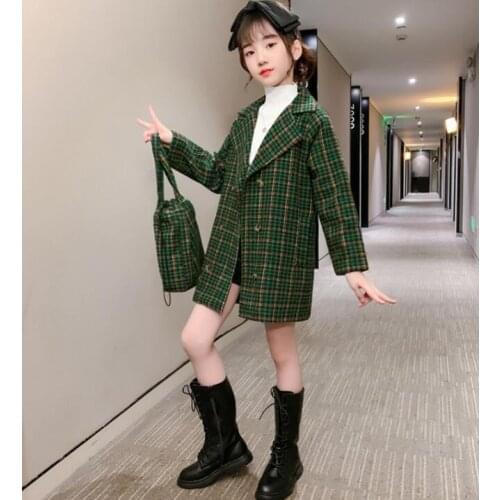 Girls Coats Autumn Winter Teenage Girl V Collar Plaid Wool Coat+Bag Children Thicken Top&outwear Kids Clothing 6 8 10 12 14Year