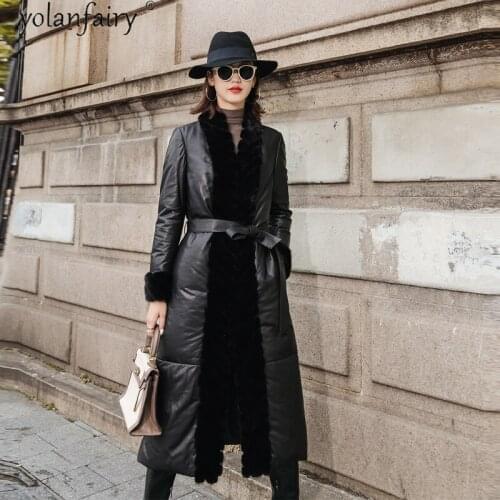Long Genuine Leather Jacket Women Sheepskin Coat Female Winter Womens Down Jacket Raccoon Dog Fur Collar Mujer Chaqueta Pph1551