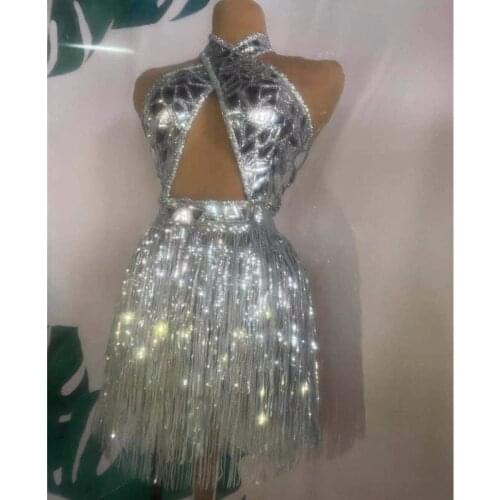 Sexy Hollow Backless Silver Laser Sequins Tassel Mini Short Dress Nightclub Bar Women DJ Singer Dancer Stage Performance Costume