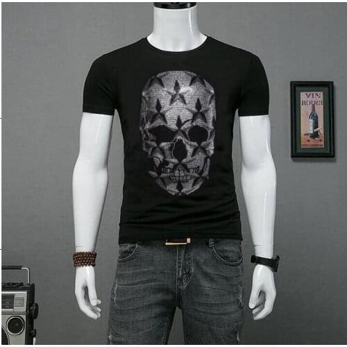 Men Rhinestones tshirt Fashion High Quality Hot drill Skull Tshirt Outwear Casual Clothing Clothes Men High Mans top tees