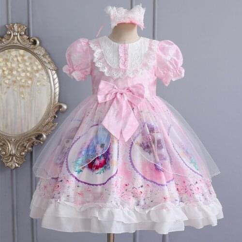 Spanish Lolita Baby Dress Cartoon Print Girls Gowns Kids Princess 3Y Birthday Party Lace Dress Child Clothes Christmas Costume