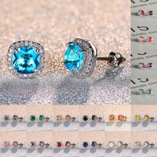 Dainty Female Rainbow Crystal Opal Jewelry Rose Gold Silver Color Stud Earrings Cute Square Zircon Wedding Earrings For Women
