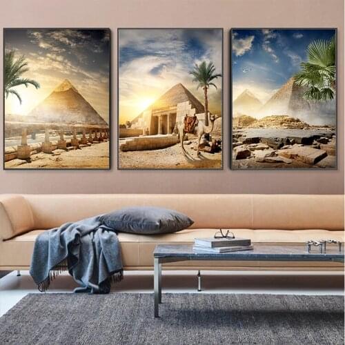 Canvas Painting Pyramid Egypt Desert Oasis Sunset Landscape Posters And Prints Decorative Painting Wall Pictures For Living Room