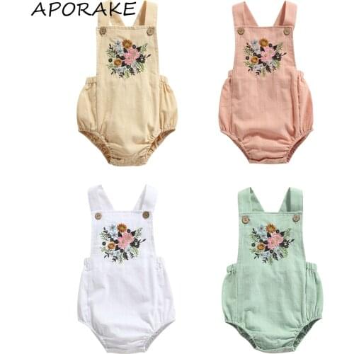 2021 0-18M Infant Girls Sleeveless Romper with Flower Embroidery Bottom Button Adjustable Shoulder Strap Summer Clothing