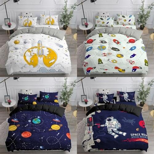 Galaxy Outer Space Planet Cartoon Cute Printed Bedding Set Duvet Cover Kids Shuttle Bedclothes Astronaut Twin King Queen Size