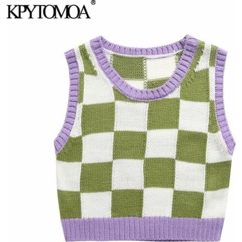 KPYTOMOA Women 2021 Sweet Fashion Patchwork Plaid Cropped Knit Vest Sweater Vintage O Neck Sleeveless Female Waistcoat Chic Tops