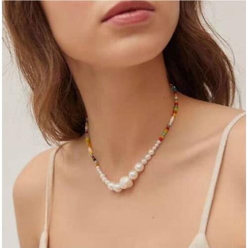 Bohemian style colorful and fashionable rice bead neck chain special-shaped pearl creative womens Necklace