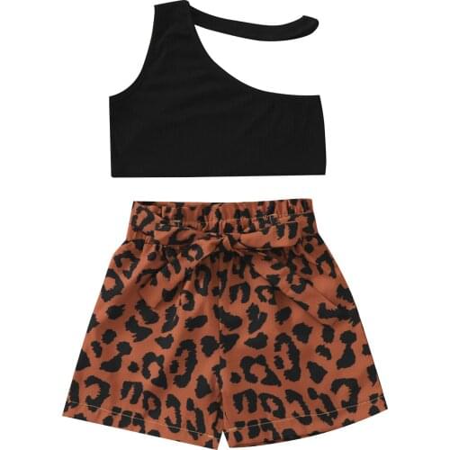 Citgeett Summer Kids Girls Vest and Shorts Suit Fashion Solid Color One-shoulder Tops Leopard Short Pants Clothes Set