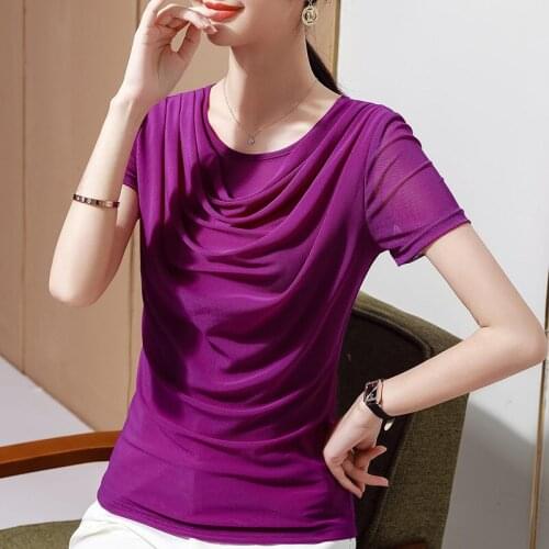 Fashion Office Lady Sexy O-Neck Short Sleeve Mesh T-Shirt M-5XL Women Spring Summer Casual Top Tees Clothing Girls' Party Shirt