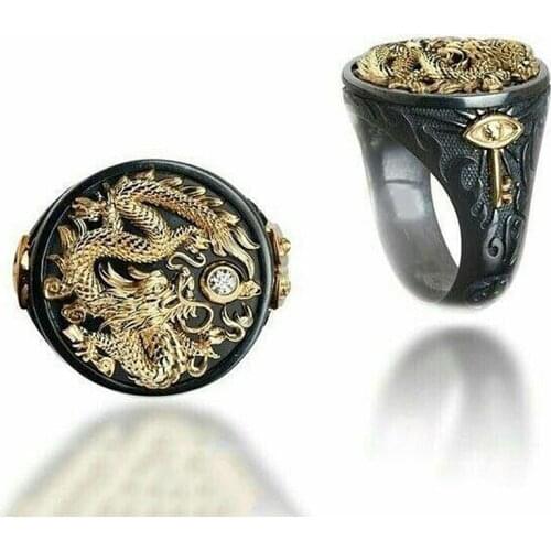 2019 Gold Black Ring Gold Color Dragon CZ Stone Ball Male Ring Vintage Punk Hip Hop Finger Ring For Men Ethnic Jewelry