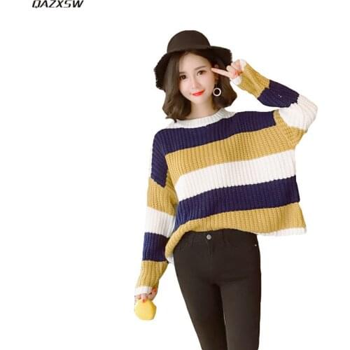 2019 New Women Spring Autumn Sweaters Loose Casual Tops Pactchwork Striped Knitted Coat Korean Long Sleeve Lady Pullovers AC223
