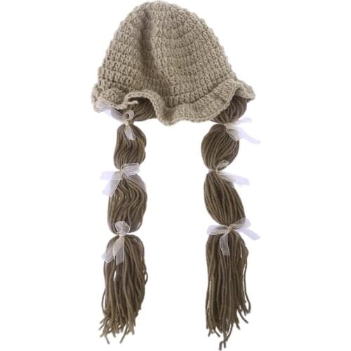 Autumn Winter Handmade Knitted Baby Girls Wig Bowknot Hat Newborn Wigs Brades Kid Ear Protection Crochet Cap with Plaits