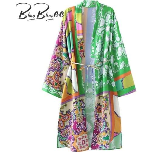 BlingBlingee Printed Beach Casual Mid Length Kimono Shirts Summer Drop Shoulder Open Front Women Loose Long Blouses Green