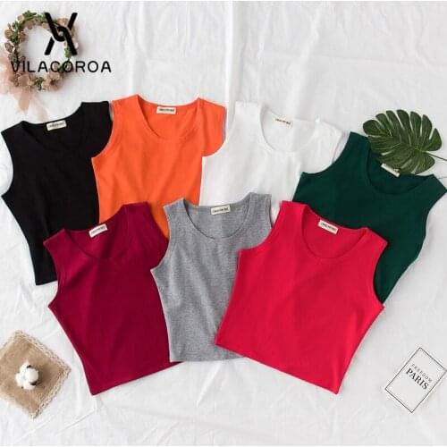 Casual Basic O-Neck Tank Tops Womens Summer Clothes 2021 Simple Bottom Sleeveless Crop Tops Femme Cotton Skinny Crop Vest Tanks