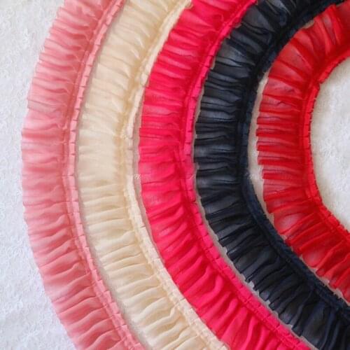 5 Meters 7cm/10cm wide Red Pink Fushcia chiffon ruffled lace trim collar pleated lace fabric DIY Women dress decor