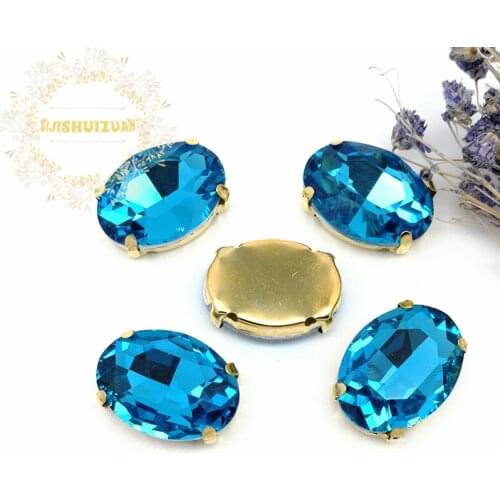 Classic style Turquoise blue OVAL shape Glass Crystal sew on rhinestones with Gold claw Diy Clothing accessories Free shipping