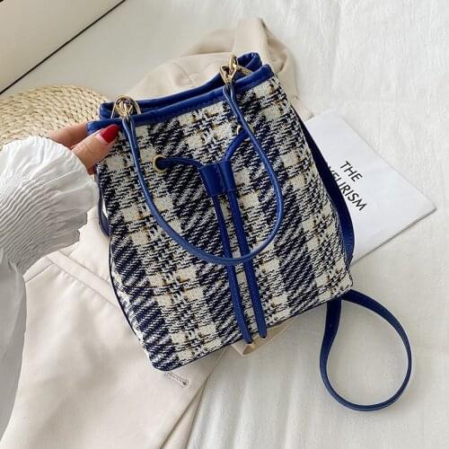 Plaid Woolen Bucket Bag For Women Handbag Brand Designer High Quality Pu Leather Shoulder Crossbody Bags Rivet Bolsa Feminina