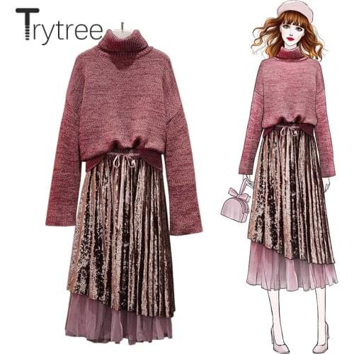 Trytree 2020 Autumn Winter Two piece set Casual Turtleneck Loose Top + Skirt Bow Pleated Patchwork Office Lady Set 2 Piece Set