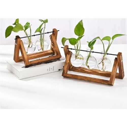 Flower Vase Hydroponic Plant Transparent Wooden Frame Decoration Vase Glass Tabletop Plant Bonsai Decor