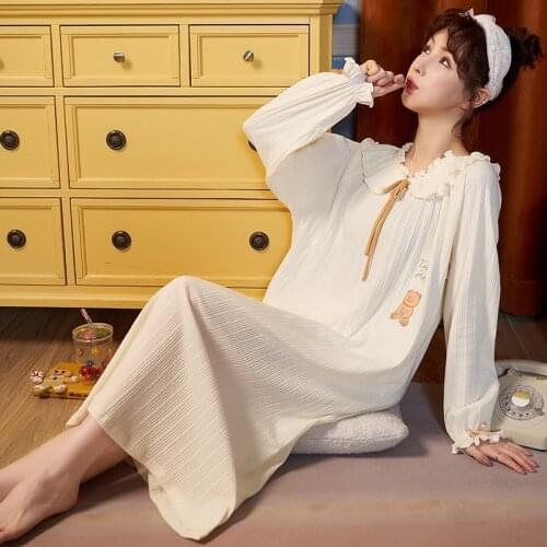 Autumn Women Cotton Homedress Nightdress Long sleeve Nightgowns One-piece Dress Sleepwear Large Size Loose Fashion Home Clothing