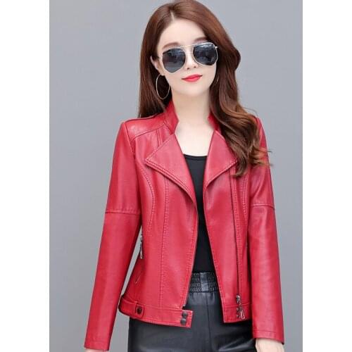 2021 New Spring Autumn Women Black Faux Leather Jacket Solid Zipper Biker Coat Female Casual Outerwear Tops
