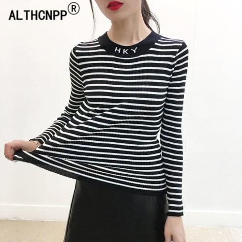 Winter Stretch Knitted Sweater O-neck Embroidery Bottoming Pullover Sweater Women Slim Fashion Striped Sweater pull femme hiver