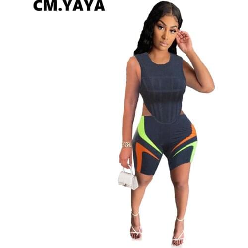 CM.YAYA Women Set Patchwork Sleeveless Tank Tops Strechy Shorts Two 2 Piece Set Active Tracksuit Sweatsuit Summer Outfit 2021