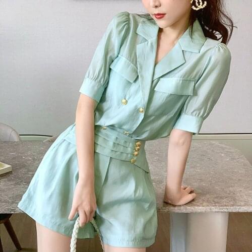 Fashion Women Korean Vintage Short Sleeve Pocket Top Shirt Blouse Double Breasted Loose Casual High Waist Shorts 2 Pieces Set