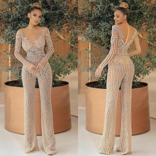 2021 Illusion Lace Jumpsuit Women Long Sleeve Prom Dresses Fashion Party Dress Zipper Back Vestido de novia