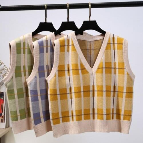 2021 New Jacquard Knit Womens Vest Sweater Autumn Casual Loose Vintage Plaid Sleeveless V-Neck Korean Female Waistcoat Outfits