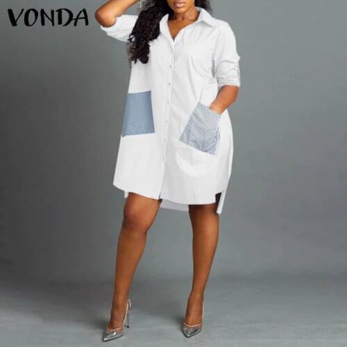 Women Sexy Shirt Dress 2021 VONDA Vintage Long Sleeve Lapel Collar Button Up Striped Dress With Pockets Casual Vestido Robe