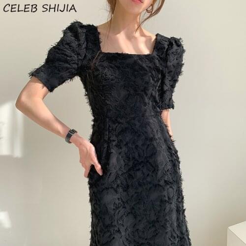 Chic Vintage Black Dress Woman Square Collar 2021 Summer High Waist Elegant Bodycon Dress Apricot Business Tassel Dresses Woman