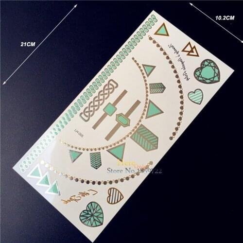 1PC Bright Green Metallic Tattoo Necklace For Men Women Makeup Heart Triangle Diamond Flash Waterproof Temporary Tattoo Sticker