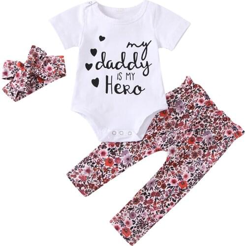 2021 Infant Newborn 3Pcs Romper Set Short Sleeve Letter Printed Romper Tops + Floral Printed Long Pant + Headband Sets Summer