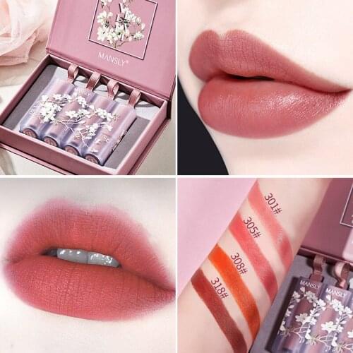 4 Colors Velvet Matte Lip Gloss Set For Lips Makeup Long Lasting Matte Lipsticks Tint For Lips Waterproof Non-stick Cup TSLM2