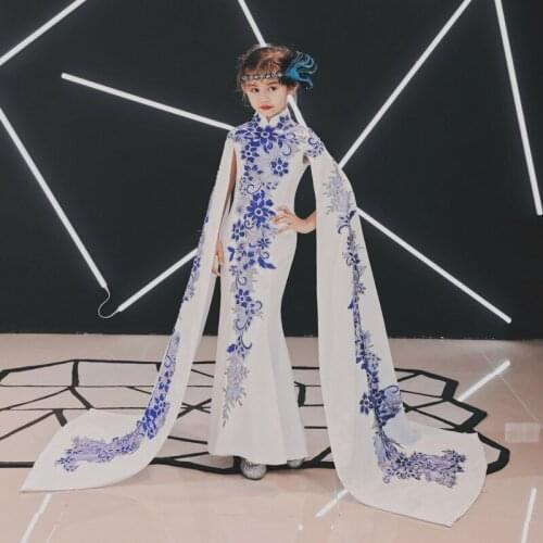 White Children Tailing Girl Chinese Evening Dress Long Qipao Embroidery Party Dresses Baby Cheongsam Oriental Costumes Guzheng