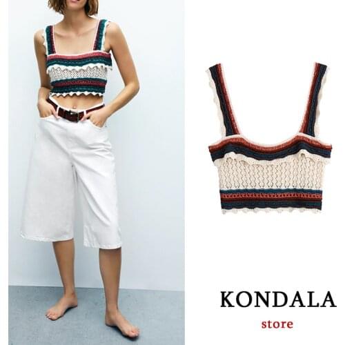 KONDALA Za Sexy Cropped Tops Mujer Knitted Cotton Vintage Ruffles Tanks Women Fashion 2021 Sleeveless Tops