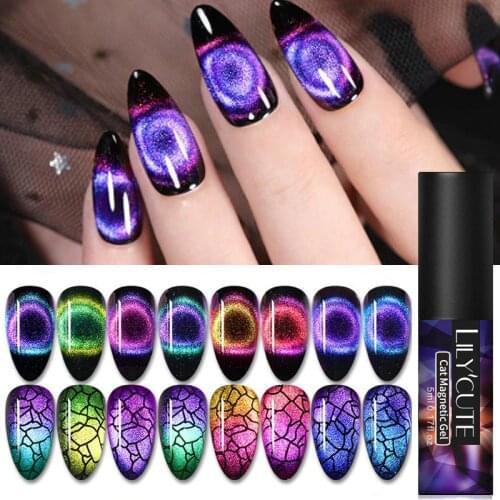 LILYCUTE 5ml 9D Cat Eye Magnetic UV Gel Polish Chameleon Laser Purple Blue Cat Eye Soak Off Magnetic Nail Art UV Gel Polish
