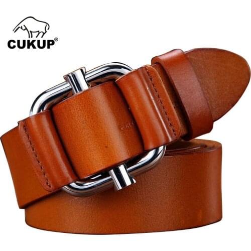 CUKUP Unisex Personality Smooth Buckle Metal Belts Solid Cow Cowhide Leather No Holes Accessories Belt for Women Styles NCK151