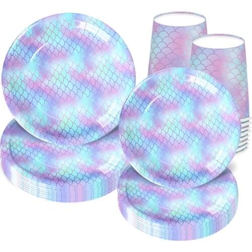 Girl birthday party Disposable tableware set Mermaid party Paper bags plates cup dinnerware Wedding decoration 1st Baby shower