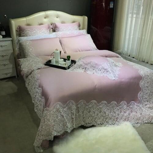 Noble Solid 80S Egyptian cotton Embroidered Bedding sets Queen King Luxury white Lace Edge Duvet cover Princess Bed sheet set
