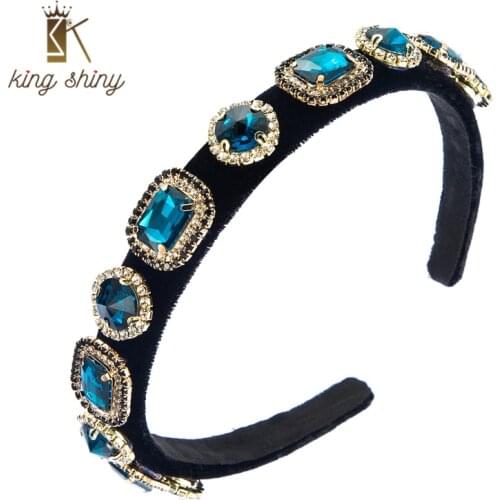 King Shiny Korean Colorful Crystal Headband for Woman Elegant Geometric Gem Diamond Black Velvet Hairband Girl Party Tiara Bezel