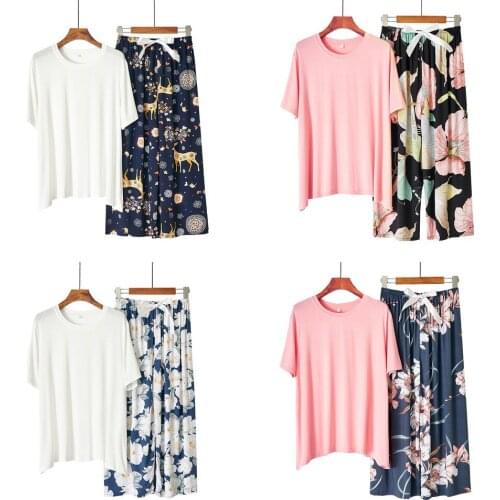 2021 Japanese Style Summer Ladies Modal Cotton Pajamas Suit Simple Floral Pajamas Home Service Suit Women Two Piece Set Summer