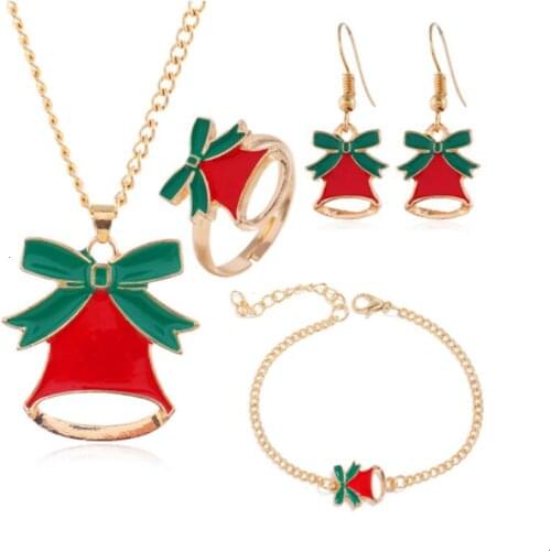 Christmas Necklace Chain Bracelet Ring Earrings For Women Jewelry Sets Cute Santa Claus Bells Bijoux Femme Kids Gifts Wholesale