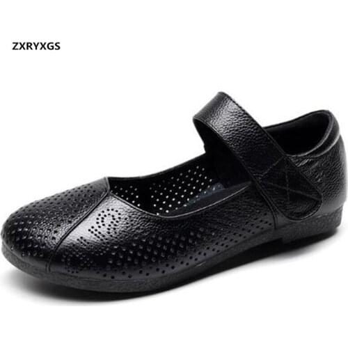 Large Size Top Cowhide Hollow Comfortable Shoes Summer Womens Sandals Flat Shoes 2020 New Mother Shoes Summer Leather Sandals