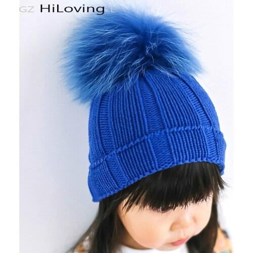 2016 Winter Big Fur Pompom Fur Ball Beanies Hats Baby Girls Boys 9 month-2 Years Kids Knit Hat Warm Fashion Gorros Skullies Hats