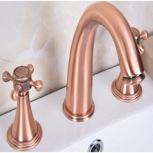 Deck Mounted 3 Holes Bath Tub Mixer Tap Vintage Retro Antique Red Copper Brass Widespread 2 Handles bathroom basin Faucet arg068