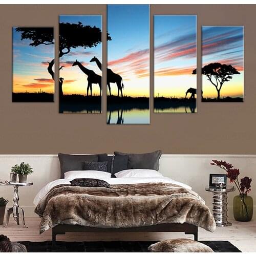 Modern Wall Art Canvas Printed Painting Frame Pictures 5 Pieces African Animal Giraffe Elephant Sunset Landscape Poster
