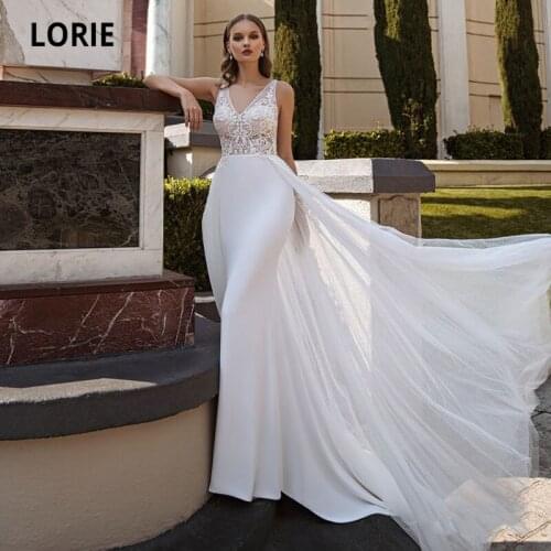 LORIE Boho Wedding Dresses with Detachable Skirt Polka Dot Tulle V-Neck Appliques Lace Soft Satin Backless Bridal Gown 2021